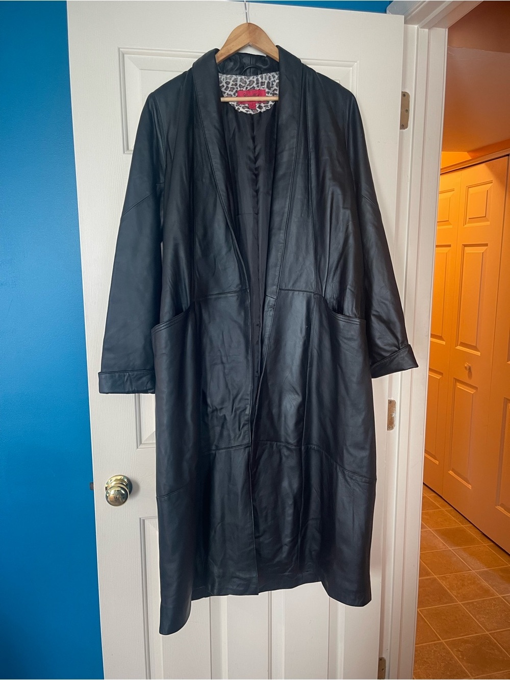 Excelled Black Leather Duster Coat L Long Open Front Belted Soft Lamb Leather - Picture 3 of 14
